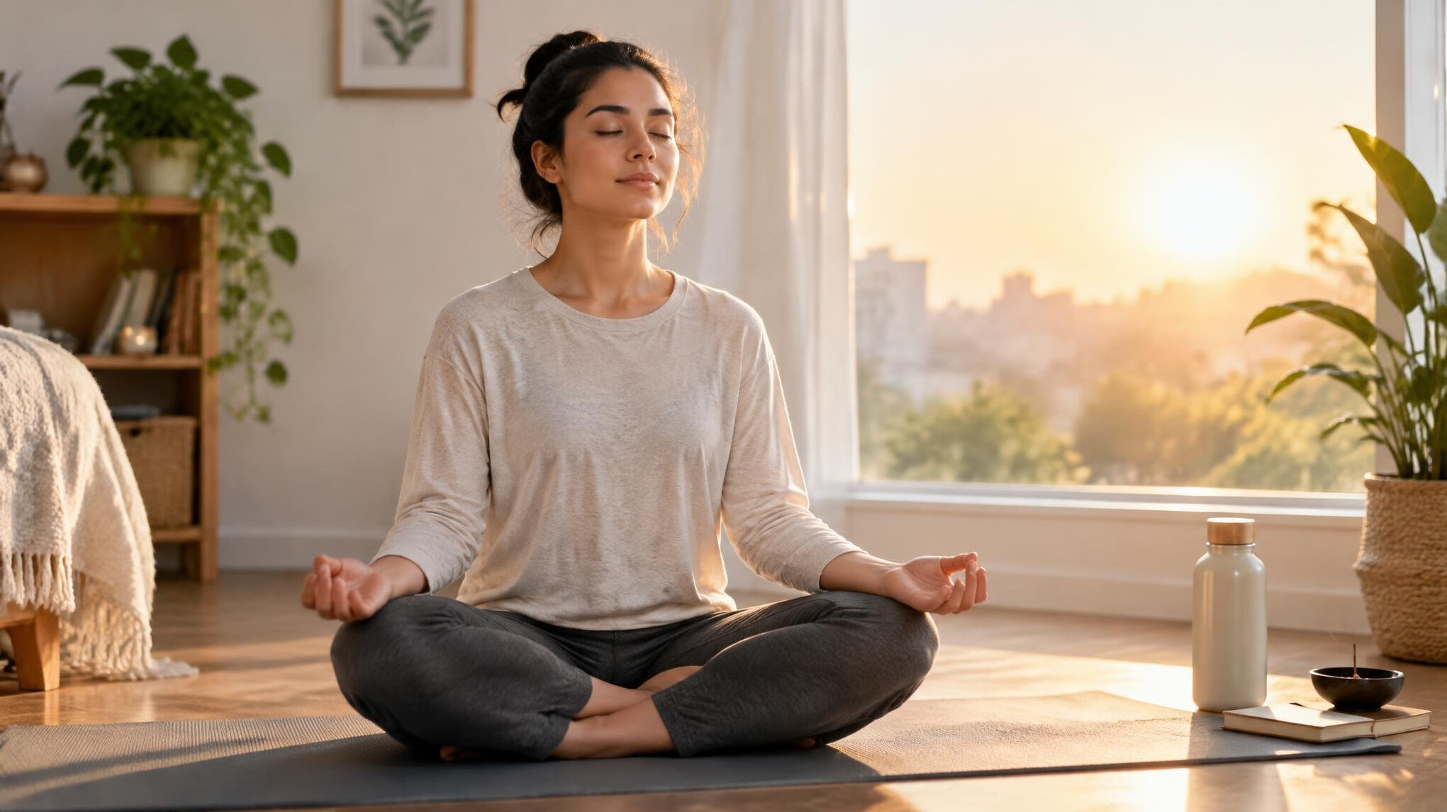 person meditating morning light