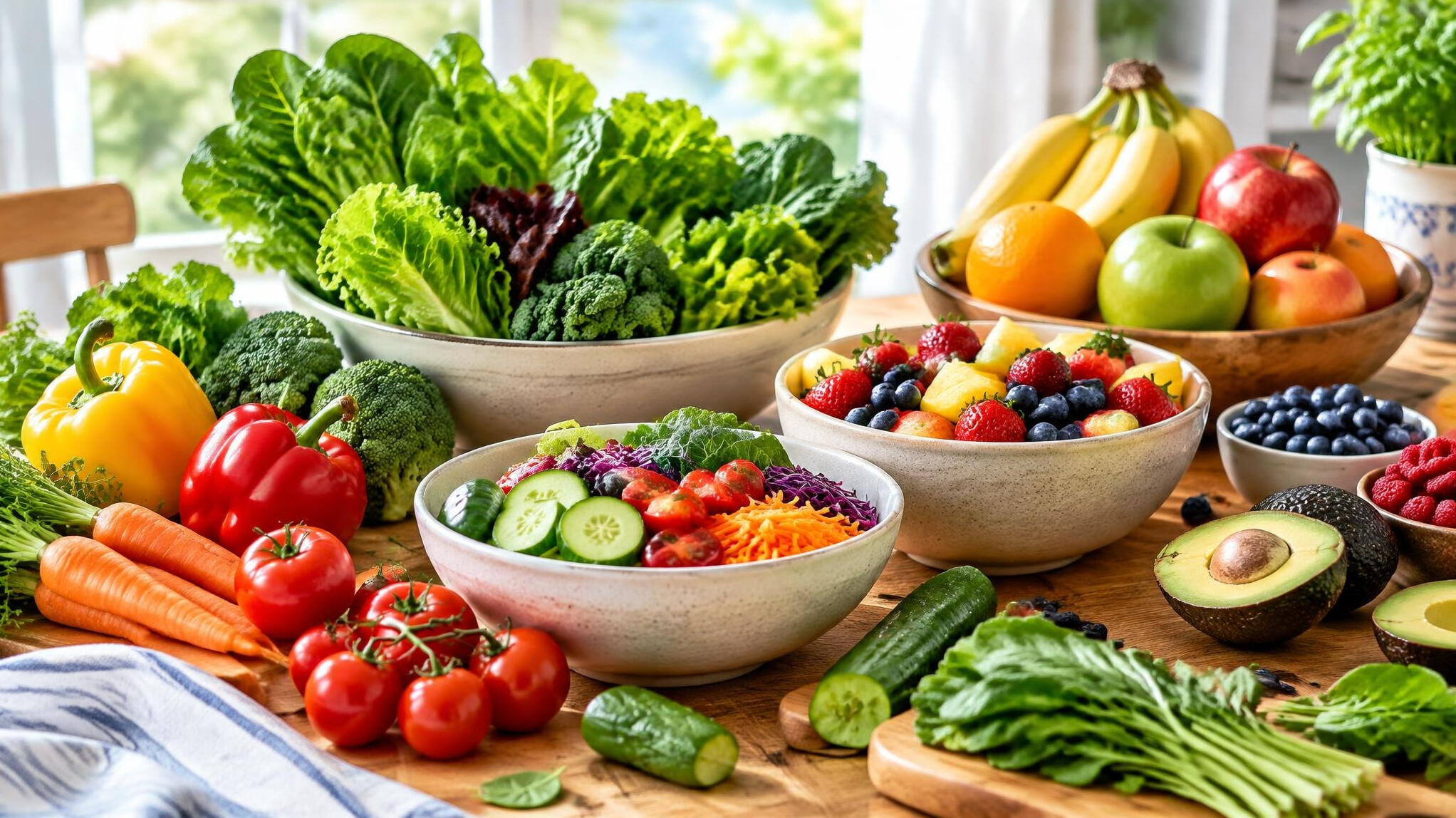 Table with fresh healthy vegetables and fruit