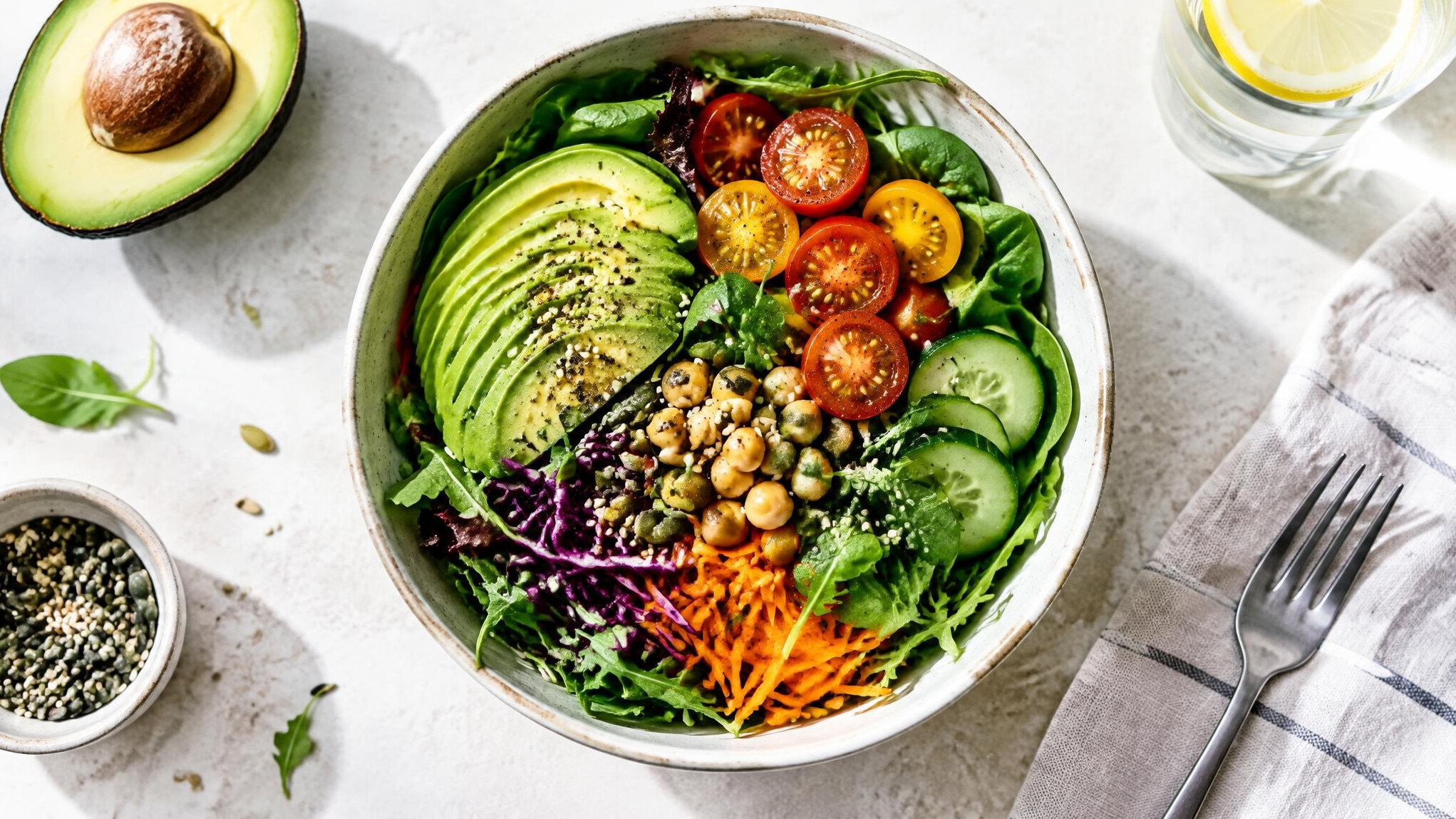 Healthy salad bowl with vegetables seen from above