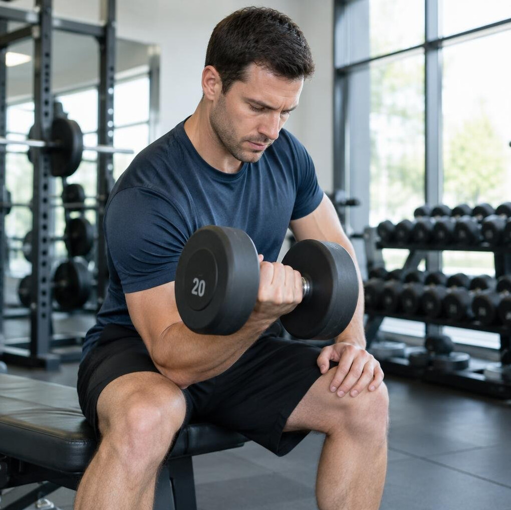 Man exercising with determination in a gym