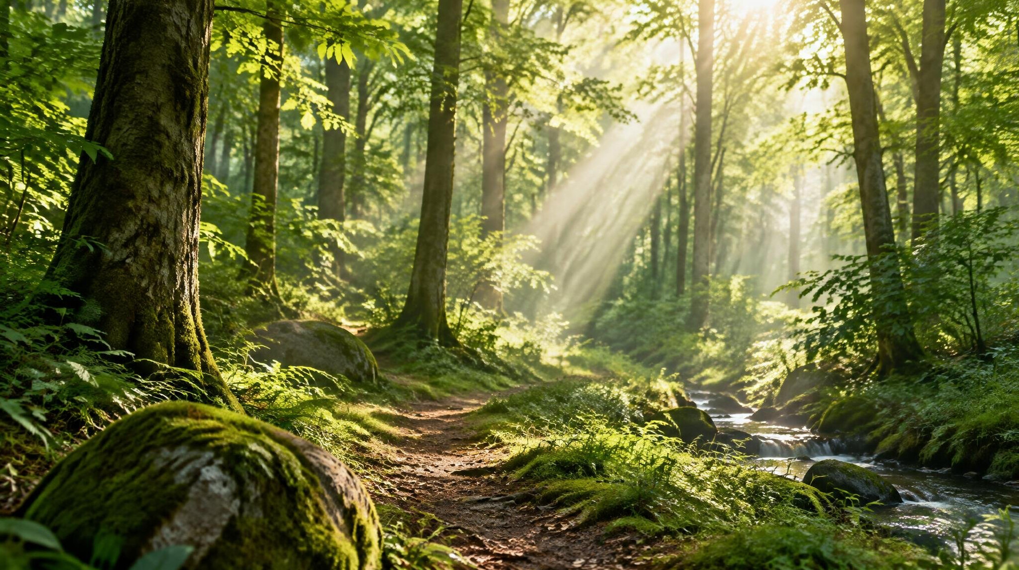 Sunlight through a calm green forest