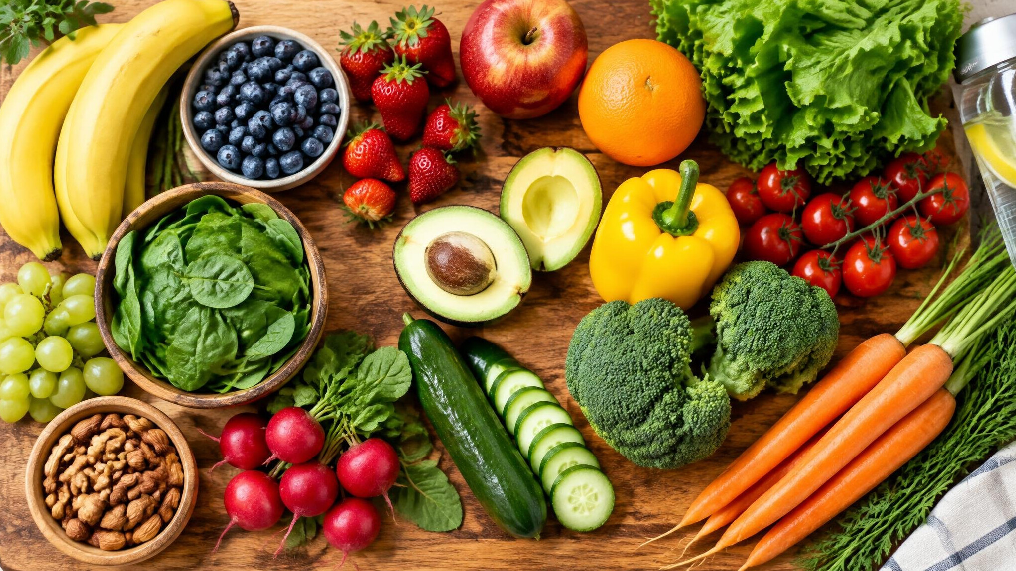Assorted fresh fruit and vegetables on a wooden board