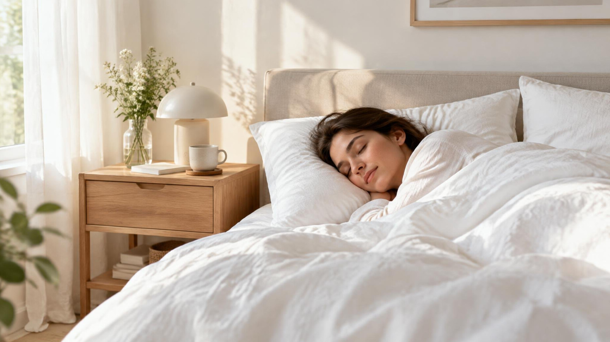 Cozy bedroom with white linen and soft light