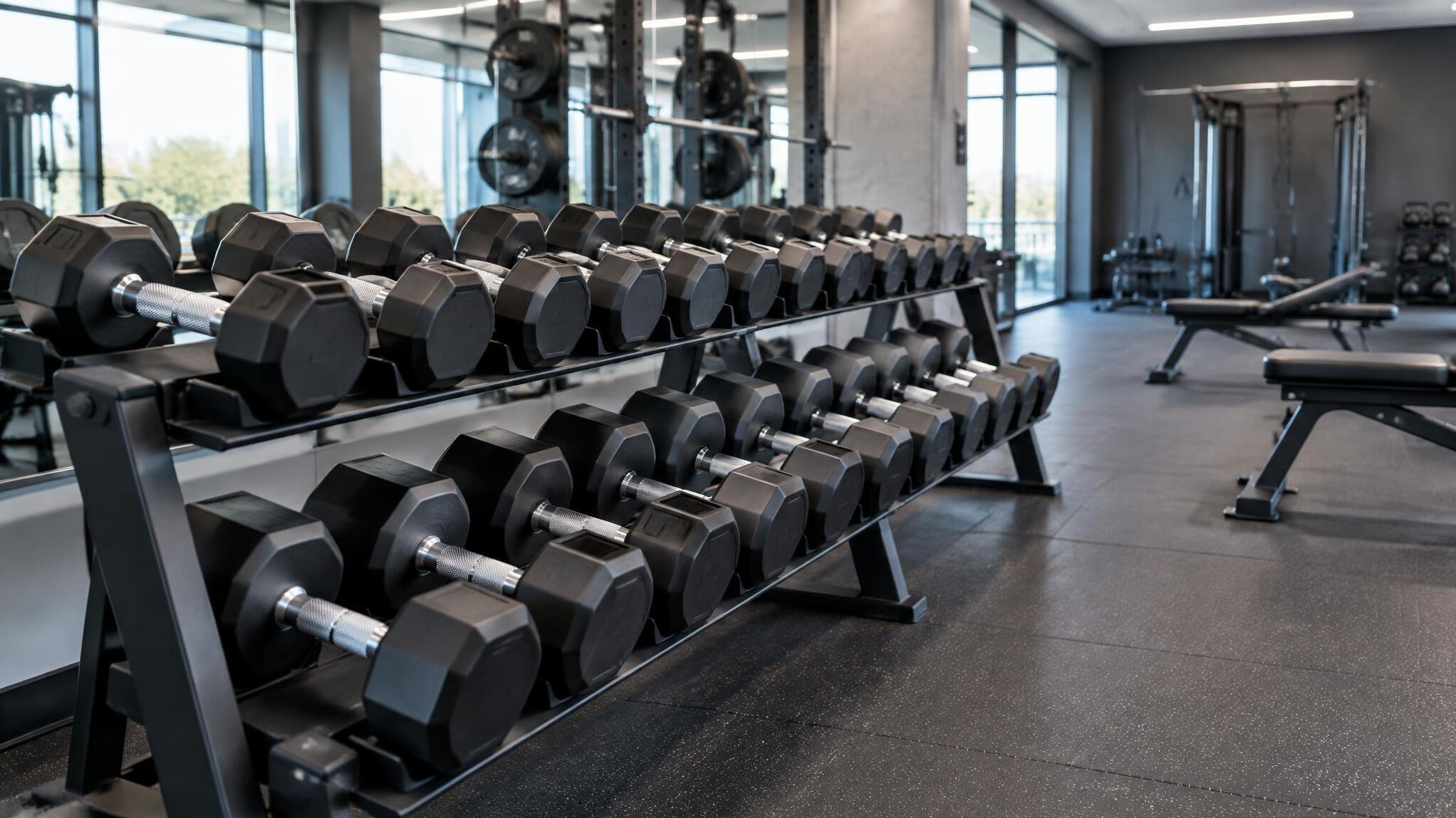 Dumbbells and weights on a gym rack