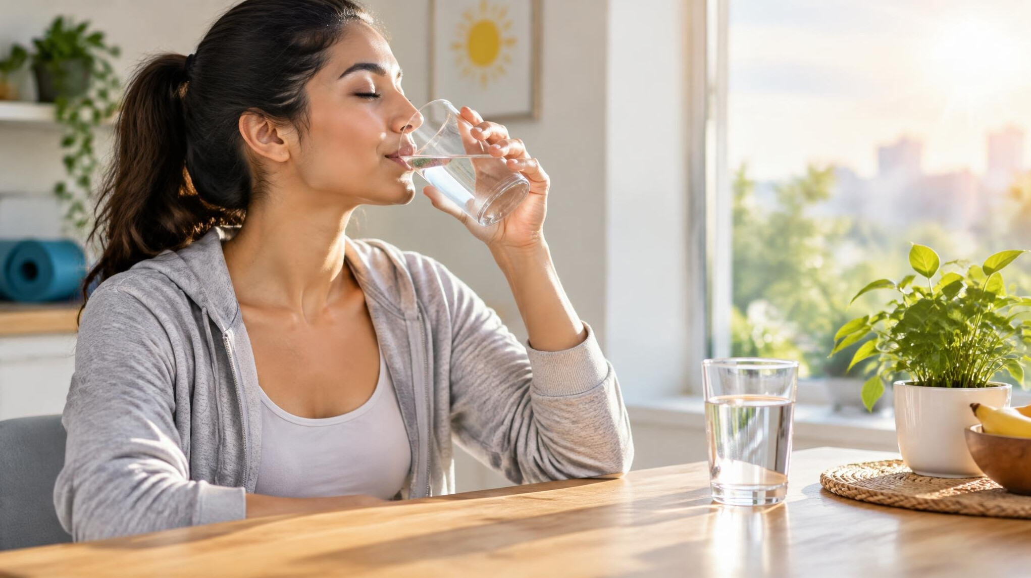 person drinking water in morning